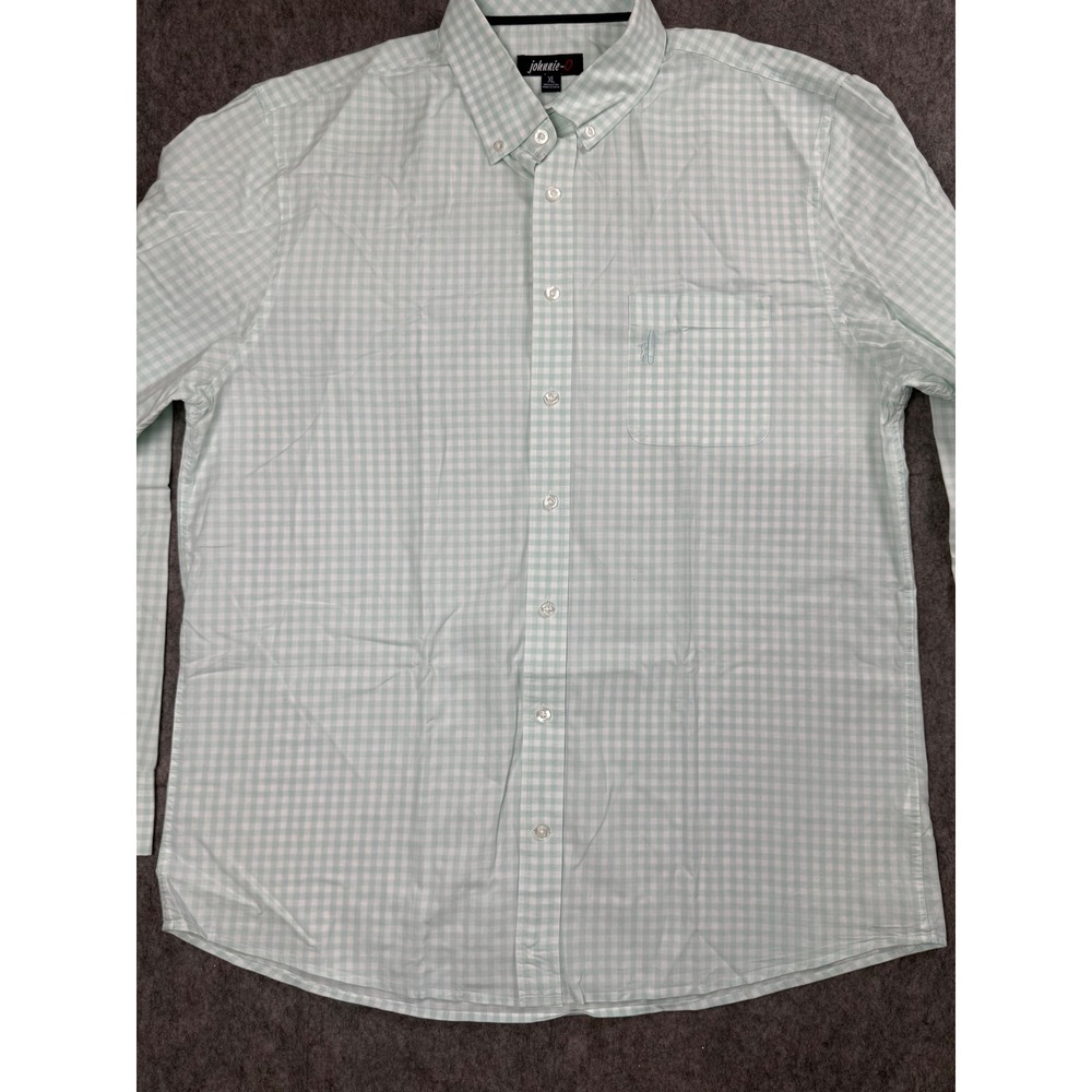 Johnnie-O Mens XL Gingham Button Down Shirt Light Green White Cotton Long Sleeve